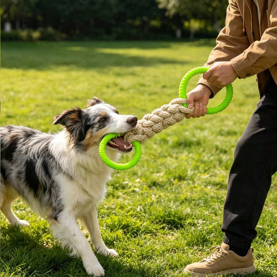 Large Dog Tug Of War Toy, Knotted Rope Toy With Rubber Rings On Both Ends, Dog Training Toy - Green - View 1