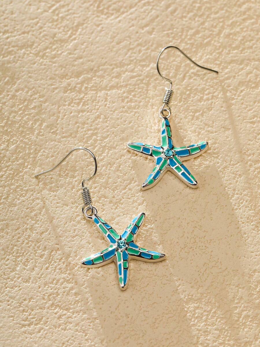 Nocturel 1 Pair Beach Vacation Style Blue Starfish Crystal Decorated Pendant Earrings For Women, Versatile Daily Wear And Gift - Blue - View 1