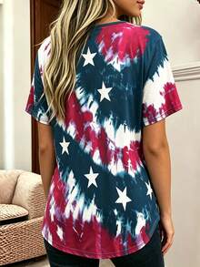 Plus Size T-shirt med amerikansk flagga och tie-dye-tryck för Independence Day, rund hals, korta ärmar, knappar fram, casual vardagsplagg för vår, sommar och semester - blågrön - Visa 3