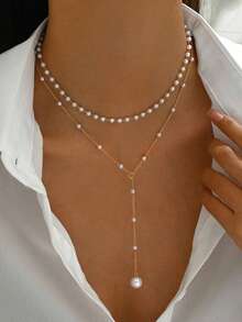 1pc Gold Y-Shaped Multi-Layer Necklace, Adorned With Rhinestones And Faux Pearls, Suitable For Women's Daily Wear, Friendship Gift, Banquet Party (Hand-Cut Chain, Varying Pearl Quantity And Rhinestone Size) - Gold - View 1