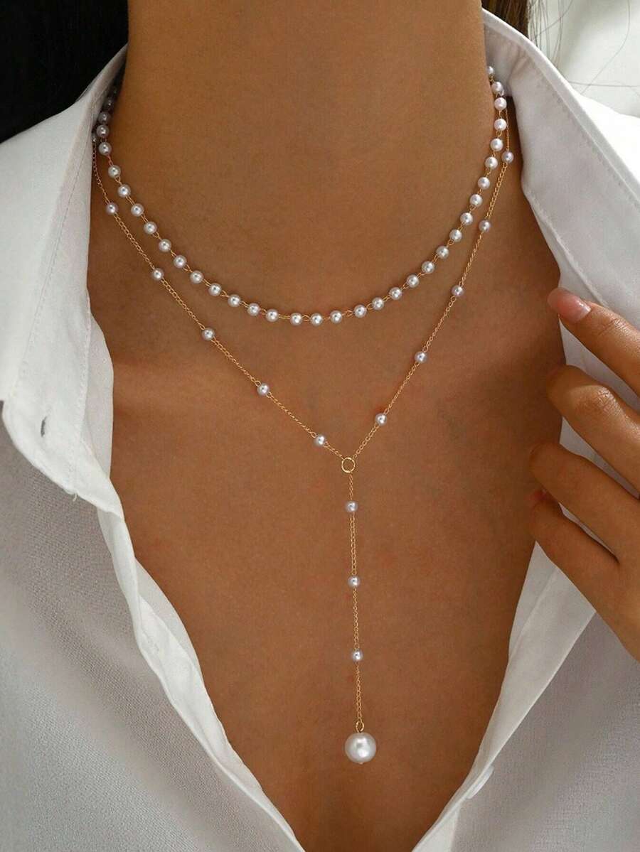 1pc Gold Y-Shaped Multi-Layer Necklace, Adorned With Rhinestones And Faux Pearls, Suitable For Women's Daily Wear, Friendship Gift, Banquet Party (Hand-Cut Chain, Varying Pearl Quantity And Rhinestone Size) - Gold - View 1