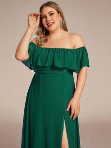 EVERPRETTY Elegant Off-Shoulder Ruffle Sleeve Side Slit Chiffon Green Bridesmaid Dress, Suitable For Summer Wedding Party Graduation Ceremony - Green - View 5