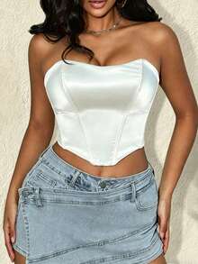 Áo corset Yuwenier gợi cảm bằng chất liệu satin mờ, có gọng thép, hở lưng, buộc dây, kiểu corset, không dây vai, lãng mạn cho tiệc sinh nhật, ngày Valentine, đám cưới, màu trắng mùa hè. - trắng - Xem 10