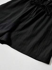 Casual Jumpsuit With Center Metal Zipper, Elastic Waist, Easy, Versatile, Basic, Comfortable, Vacation Style, Women's Jumpsuit With V-Neck, Solid Color Zip-Up Top And Shorts - 黑色 - 查看 6
