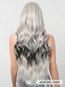 26 Inch Gradient Silver Black Wavy Synthetic Wig - Long Hair Style Without Bangs; Made Of Heat-Resistant Material, Featuring Fluid Water Wave Texture - Perfect For Shopping, Afternoon Tea With Friends, Birthday Parties, Music Festivals And Other Occasions - 挑染白色 - 查看 6