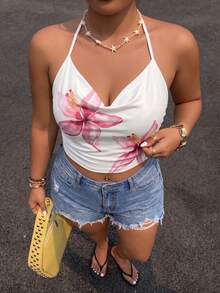 Women's Tropical Floral Print Cropped Camisole, Sleeveless Fitted Summer Tank Top, Backless Sexy Ladies Vest For Spring/Summer Holiday - Multicolor - View 4