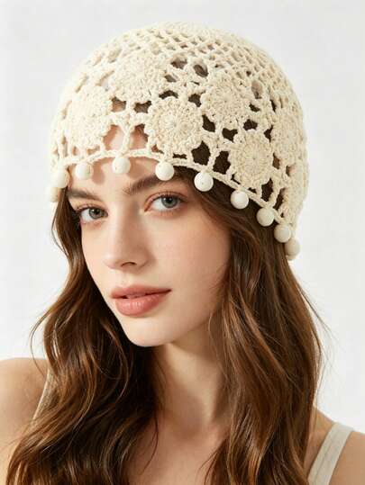 1pc Handmade Crochet Hollow Out Pom Pom Hat, Bohemian Vintage Versatile Breathable Knit Beanie