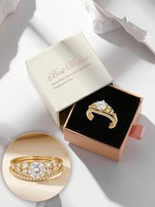 Gift Box Style Elegant Cubic Zirconia Gold Ring Set, Shiny Wedding Party Jewelry For Women, Fade-Resistant And Hypoallergenic, Ideal Holiday Gift - Gold - View 14
