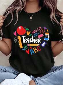 Women's T-Shirt With Teacher Heart Print Featuring Apple, Crayon, Pencil, Glue, Ruler And ABCs, Round Neck, 220g Cotton, Casual Wear, Gift For Teacher, Teacher's Day, Loose Blouse - 黑色 - 查看 6