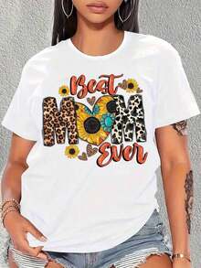 Leopard And Sunflower Print T-Shirt "World's Best Mom" For Women, Mother's Day Gift, Casual Summer Top, Comfortable And Versatile Short Sleeve. - 黑色 - 查看 7