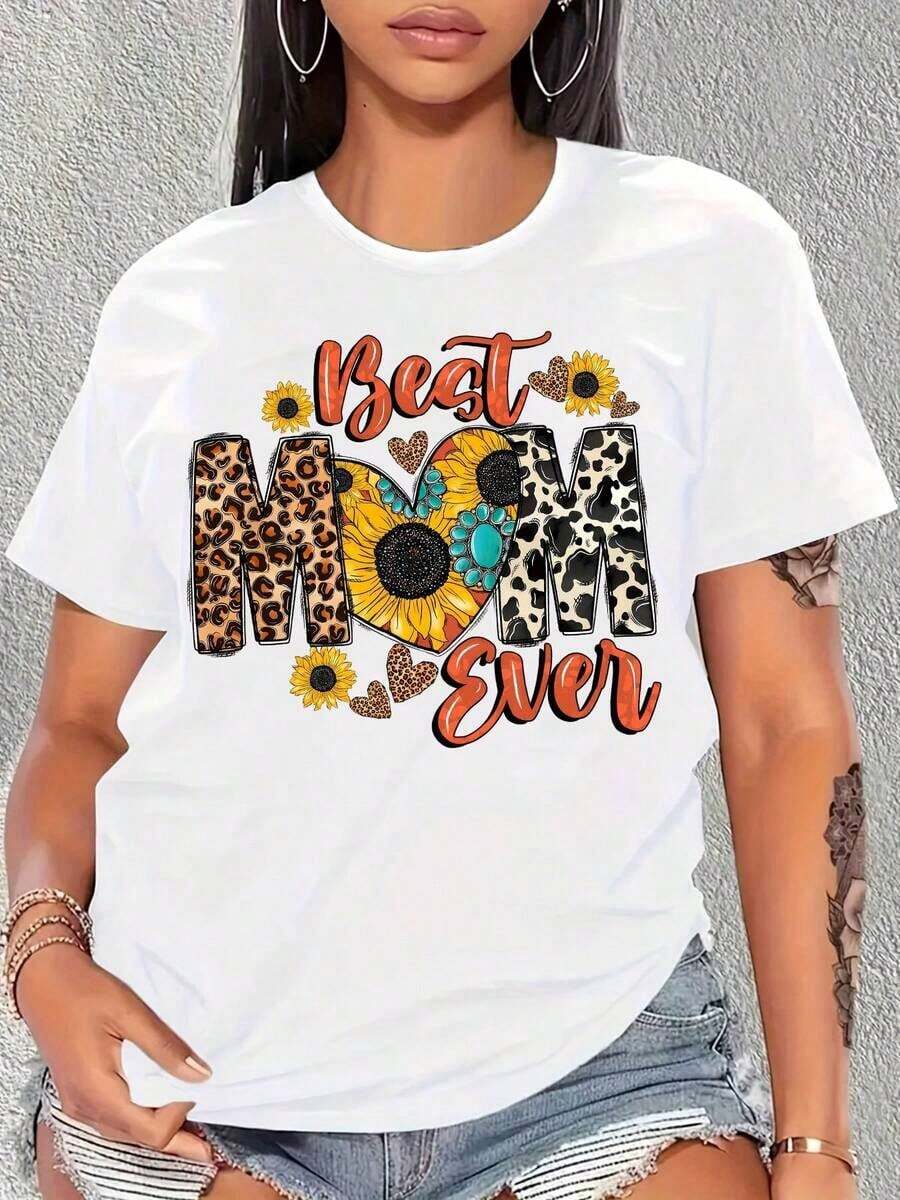 Leopard And Sunflower Print T-Shirt "World's Best Mom" For Women, Mother's Day Gift, Casual Summer Top, Comfortable And Versatile Short Sleeve. - 白色 - 查看 1