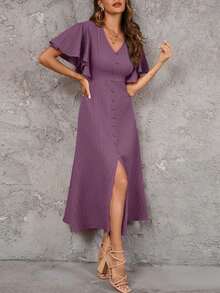 Clasi Vestido de unicolor con botones al frente, manga mariposa y abertura al muslo de longitud hasta el muslo para mujer - Púrpura polvoriento - Ver 4