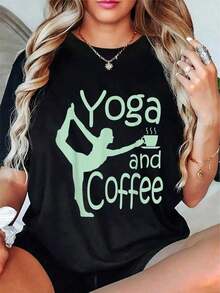 Women's Casual Yoga And Coffee T-Shirt, Modern Design With Inspirational Graphic, Comfortable T-Shirt For Practicing Yoga Or Having Coffee With Friends, Various Sizes In Black, Fashionable Fitness Clothing, In Sportswear. - 黑色 - 查看 8