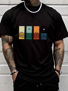 Men's Fashionable Summer T-Shirt, Casual And Modern, With Four-Panel Design Of Sunset And Sunrise Over The Ocean And Starry Sky, Casual Clothing For Adult Men - 黑色 - 查看 1