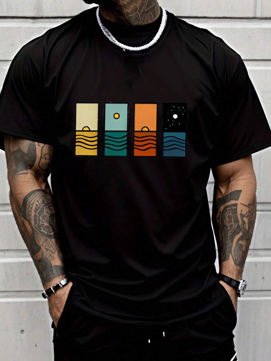 Men's Fashionable Summer T-Shirt, Casual And Modern, With Four-Panel Design Of Sunset And Sunrise Over The Ocean And Starry Sky, Casual Clothing For Adult Men - 黑色 - 查看 1