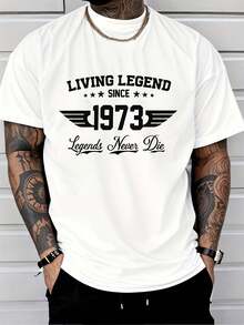 Men's Classic Crew Neck T-Shirt, Summer Casual Fashion, Urban Style, "Living Since 1973" Print With Wings, Stars And "Legends Never Die" Lettering, Adult Casual Clothing - 白色 - 查看 2