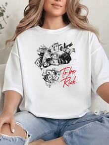 Stacks Of Banknotes Form A Figure Symbolizing Ambition, Effort, And The Desire For Prosperity, Set Against A Bold Red Background That Inspires Confidence And Energy. A Comfortable, Modern, Casual Women's T-Shirt For Everyday Wear. - 白色 - 查看 8