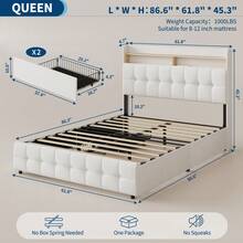 Modern Upholstered Double Bed Frame With Soft Double-Layer Headboard, 2 Storage Drawers, LED Lighting, Power Outlet And USB Port, Sturdy Metal Slatted Bed Base - 米色 - 查看 8