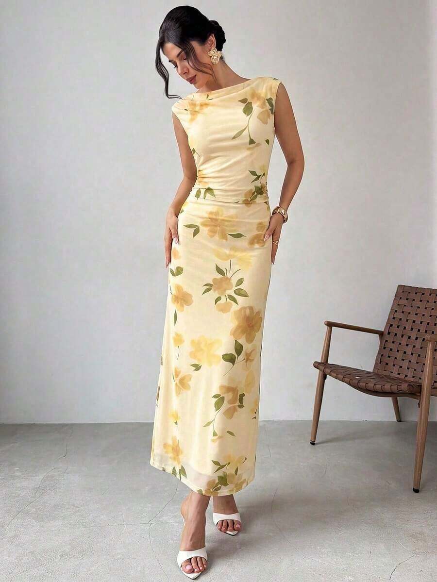 xheFirerie Vestido maxi elegante y casual para vacaciones y citas románticas, con estampado floral de malla amarilla y rosa, cuello barco, volantes sin mangas y espalda descubierta, vestido ajustado adecuado para tomar el té por la tarde, fiestas al aire libre y vacaciones de ocioxhe - Multicolor 2 - Ver 1