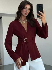 AYYAloruh Chaqueta de blazer elegante de unicolor con cintura ceñida para otoño/inviernoAYY - Burdeos - Ver 5