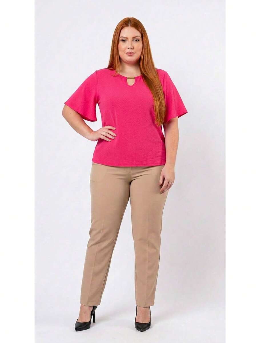 AME MODAS Women's Plus Size Blouse In Viscolycra Knit With Flutter Sleeves And Iron-On Detail On The Neckline 8.8 - 玫紅色 - 查看 1