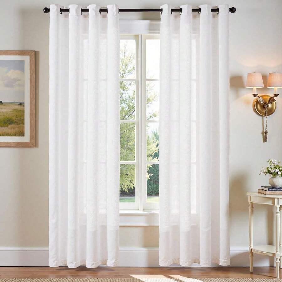 1pc Summer Linen Sheer Curtain, Solid Color Minimalist Versatile Living Room Voile Curtain, Bedroom Privacy Curtain - White - View 1