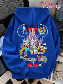 Disney Women's Loose-Fitting Hooded Sweatshirt With Castle And Mickey Mouse Family Print Design On The Front And Back. 2026 Travel-Themed Style, Casual, Comfortable, And Versatile, Suitable For Amusement Parks And Outings. - Màu xanh lam - Xem 5