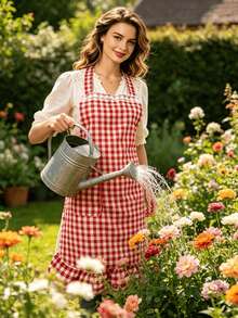 1pc Retro Plaid Women's Apron, Soft Cotton Material, Apron Dress Design, Suitable For Cooking And Baking - Multicolor - View 5