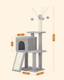 Feandrea Árbol para Gatos, Torre de Juegos, Gatitos, con 3 Postes y Cueva, Gris Claro MPCT143W01 ZTYO - Gris Claro - Ver 5
