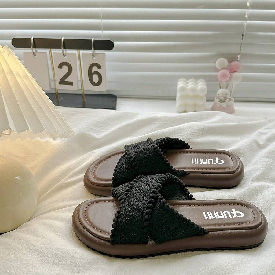 Thick Sole Outdoor Slip-On Sandals For Women, Minimalist Criss-Cross Design, Breathable Beach Slippers, Summer New Arrival - Black - View 1