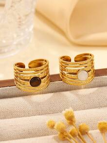 2 piezas Juego de anillos abiertos vintage de acero inoxidable con tono dorado, incrustados con piedras preciosas redondas, adecuados para uso diario de mujeres o como regalo - Amarillo Oro - Ver 3