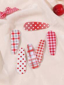 6pcs/Set Girls Cute Red Polka Dot & Plaid Hair Clips, Suitable For Daily Wear - Multicolor - View 5