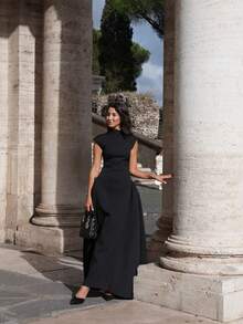 Sleeveless A-Line Maxi Dress In A Single Color, With A Round Neck, Elegant And Fitted European-American Style. - 黑色 - 查看 3