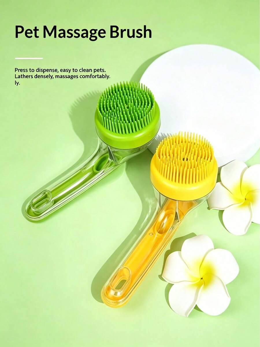 Liquid-Dispensing Pet Bath Brush, One-Touch Foam Silicone Soft Bristle Bathing Comb, Universal For Cats And Dogs, Effortless Scrubbing Cleaning Brush, Curved Ergonomic Non-Slip Handle Handheld Pet Grooming Tool, Home Cleaning Essential