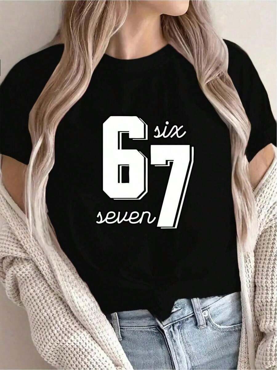 [New Arrival Recommendation] Women's Creative Letter Pattern Festive Seventy-Seventh Birthday Print T-Shirt, Casual Holiday Wear, Short Sleeve, Round Neck, Spring/Summer, Machine Washable, New Women's Clothing, Versatile, Slimming Effect, Sporty, Loose Blouse - 黑色 - 查看 1