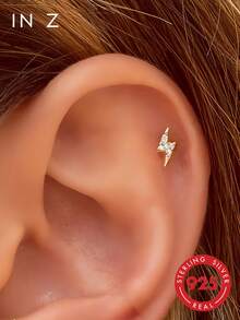 1 pezzo Mini Piercing per labbra a forma di fulmine dorato con filettatura interna, orecchini a perno in argento sterling 925 con zirconia cubica, adatti per uso quotidiano unisex - Multicolore - Visualizzare 1