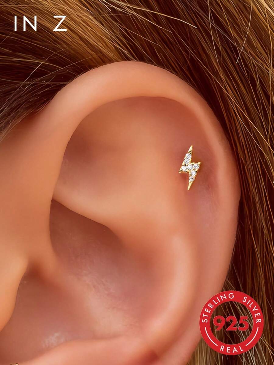 1 pezzo Mini Piercing per labbra a forma di fulmine dorato con filettatura interna, orecchini a perno in argento sterling 925 con zirconia cubica, adatti per uso quotidiano unisex - Multicolore - Visualizzare 1
