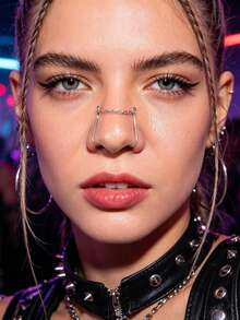 1pc Non-Pierced Double Nostril Nose Clip Chain Jewelry For Women Minimalist Metal Fake Nose Ring With Center Chain Punk Rock Y2K Street - Silver - View 3
