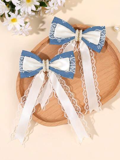 2PCS Blue Beige Lace Hair Bows For Girls Beige Ribbon Bow Hair Clips With Long Tail Elegant Pearl Rhinestone Bow Alligator Clips Vintage Double Layer Bow Hair Barrettes For Daily & Party Teens Hair Accessories