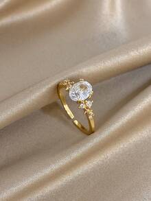 18K Gold Plated Stainless Steel, Single Peak White Diamond Inlaid Gold Ring, Women's Ring, Designer Jewelry, Personalized Ring, High Quality Luxury Jewelry, Adjustable Ring, Gold Plated Ring, Suitable For Daily Wear, Dating, Party, Vacation, Graduation Season, Summer Jewelry, Women's Beach Accessories, Girlfriend Gift, Birthday Gift, Bohemian Jewelry - Multicolor - View 13