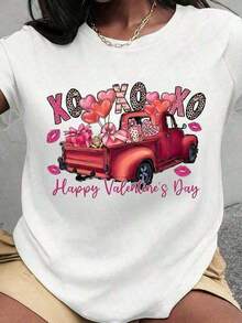New Summer 2026 Collection: Romantic And Cute Women's T-Shirt With Sparkling Heart And XOXO Bow Design, Red Ribbon Detail, Western Style For Celebrations And Vacations. Graphic T-Shirts For Men And Women, Summer Clothes, Summer Tops, Casual Loose Short Sleeve Graphic T-Shirts, Cool Summer Clothes For Women. - 白色 5 - 查看 1