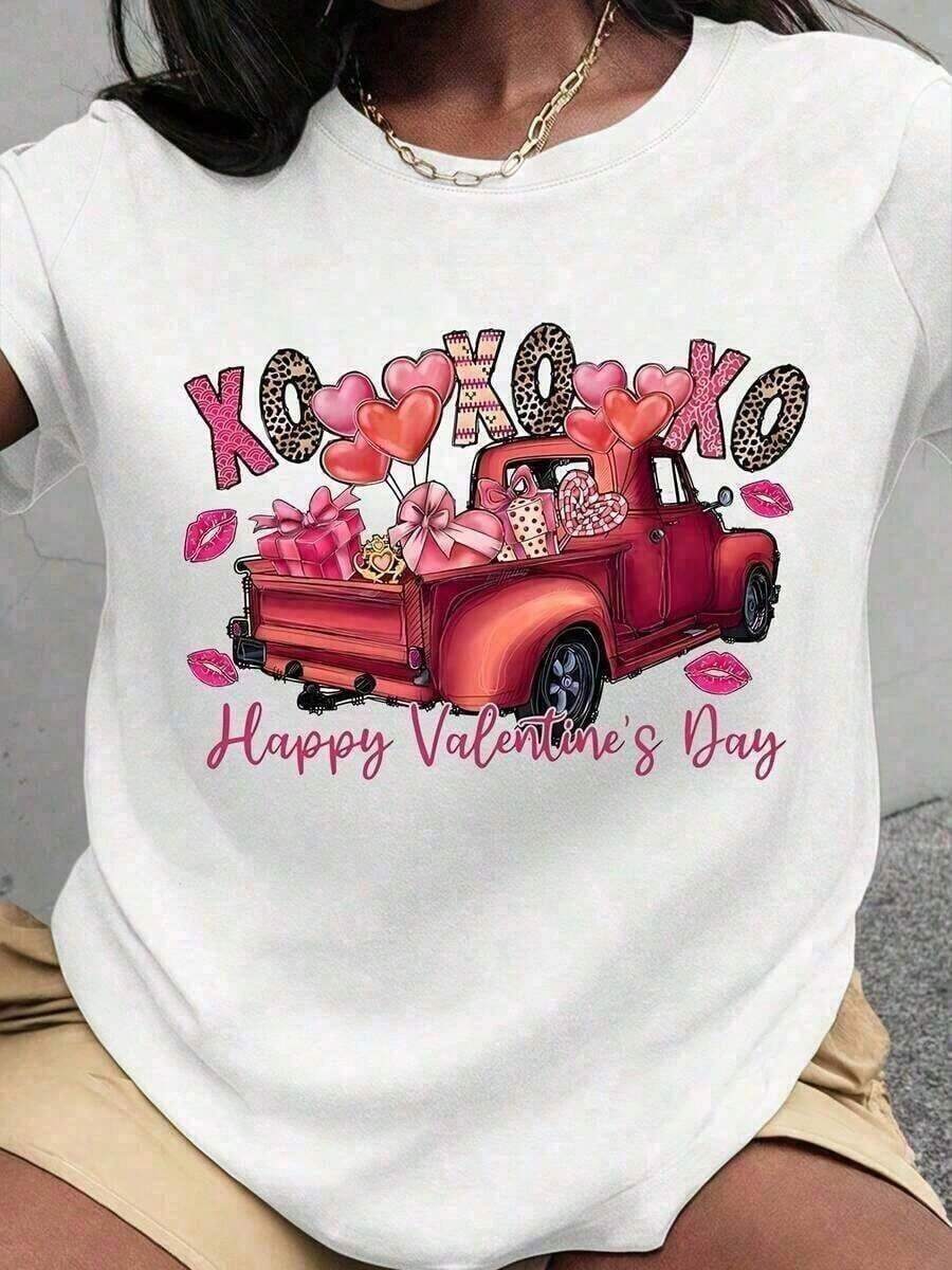 New Summer 2026 Collection: Romantic And Cute Women's T-Shirt With Sparkling Heart And XOXO Bow Design, Red Ribbon Detail, Western Style For Celebrations And Vacations. Graphic T-Shirts For Men And Women, Summer Clothes, Summer Tops, Casual Loose Short Sleeve Graphic T-Shirts, Cool Summer Clothes For Women. - 白色 5 - 查看 1