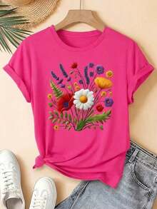 Hottest Summer T-Shirt : Pure Cotton Graphic Tee For Women, Daisy Print, Floral Lavender Spring Flower, Loose Fit, Round Neck, Short Sleeves, Everyday Wear, Day And Night, Stylish, Pure Cotton Tee. A Stylish And Popular Party Tee - 玫紅色 - 查看 6