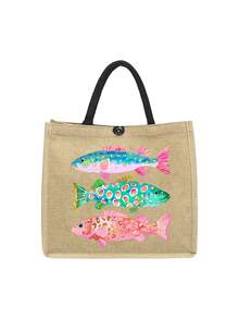 Colorful Fish Pattern Canvas Tote Bag And Wristlet Pouch Set, Reusable Beach Tote Bag With Matching Cosmetic Bag, Ocean Theme Fish Pattern Tote Bag With Black Handle - Multicolor - View 18