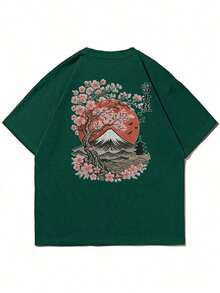 The Hottest Item Of The Summer: Men's Short-Sleeved Crew Neck T-Shirt With Embroidered Sakura And Mountain Print, Minimalist Summer Fashion. | Basic Casual Urban Style T-Shirt, Boyfriend Gift, Stylish, Popular, Party T-Shirt. - 綠色 - 查看 2