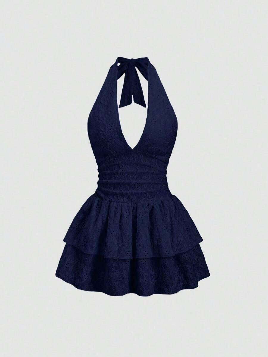 Vestido corto de fiesta con escote halter de encaje y espalda descubierta para mujer - Azul marino - Ver 1