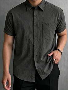 Men's Solid Color Textured Business Casual Shirt - Black - View 4