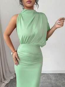 Vestido ajustado y acampanado sin mangas con cuello fruncido en color borgoña, para primavera/verano - Verde - Ver 4