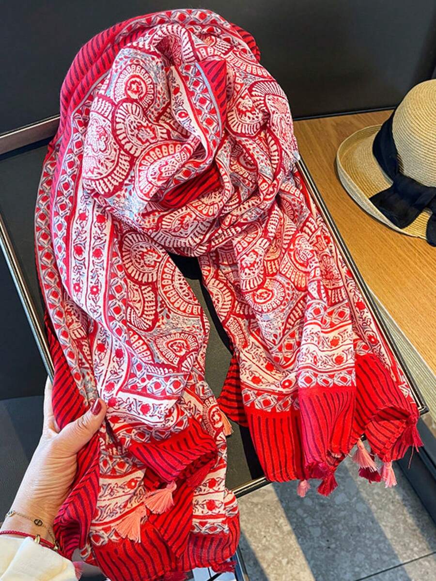 1 buah Syal Motif Belah Ketupat Oranye & Biru, Syal Berumbai Pelindung Matahari untuk Wanita Musim Semi/Panas, Cocok untuk Perjalanan