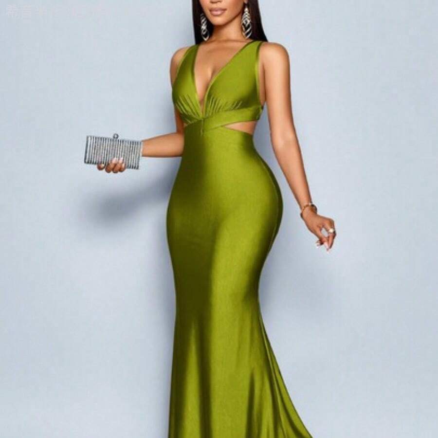 Soqi Women's Clothing Vestido largo elegante de mujer de unicolor con escote en V profundo, espalda descubierta y silueta ajustada de cola de pez - Verde Oliva - Ver 1